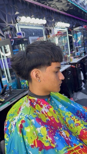 Edgar cut with lots of volume on top and a taper on the sides.